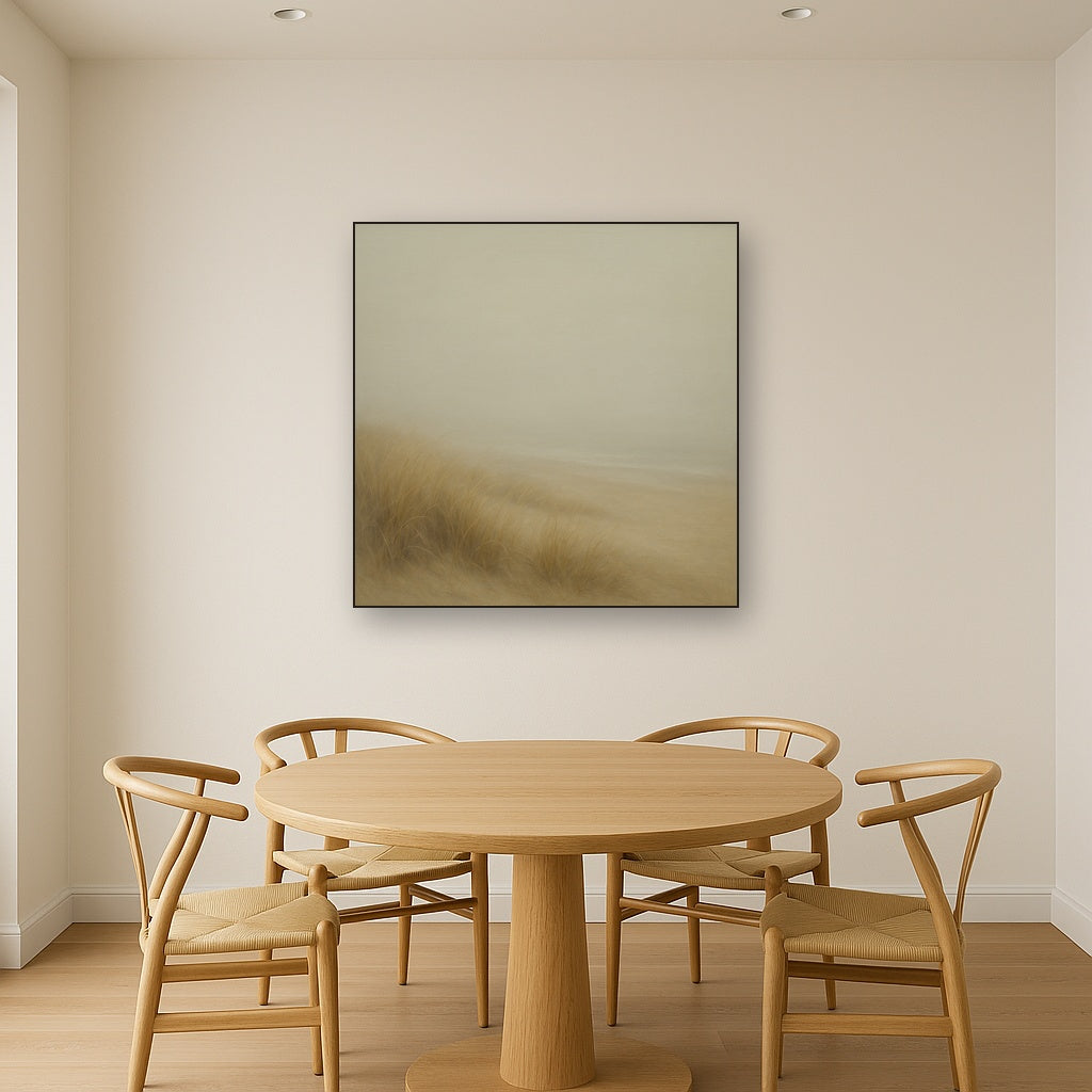 Silent Dune Grass in November Sea Fog No. 25 Oil Painting Staged Above Dining Room Credenza, Elegant Hand Painted Oil Art for Dining Room Walls