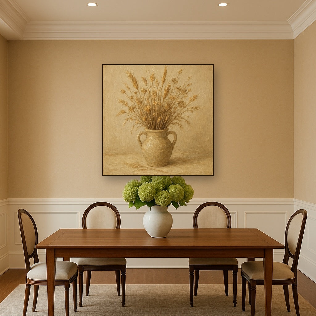 Wild Meadow Botanicals in Neutral Ceramic Oil Painting - Styled in Elegant Dining Room