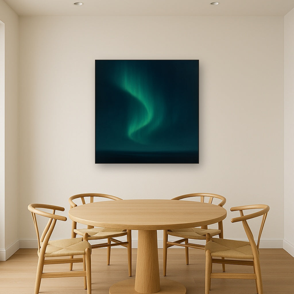 Aurora Borealis Veil in Deep Midnight Indigo No. 25 Oil Painting Staged Above Dining Room Credenza, Elegant Hand Painted Oil Art for Dining Room Walls