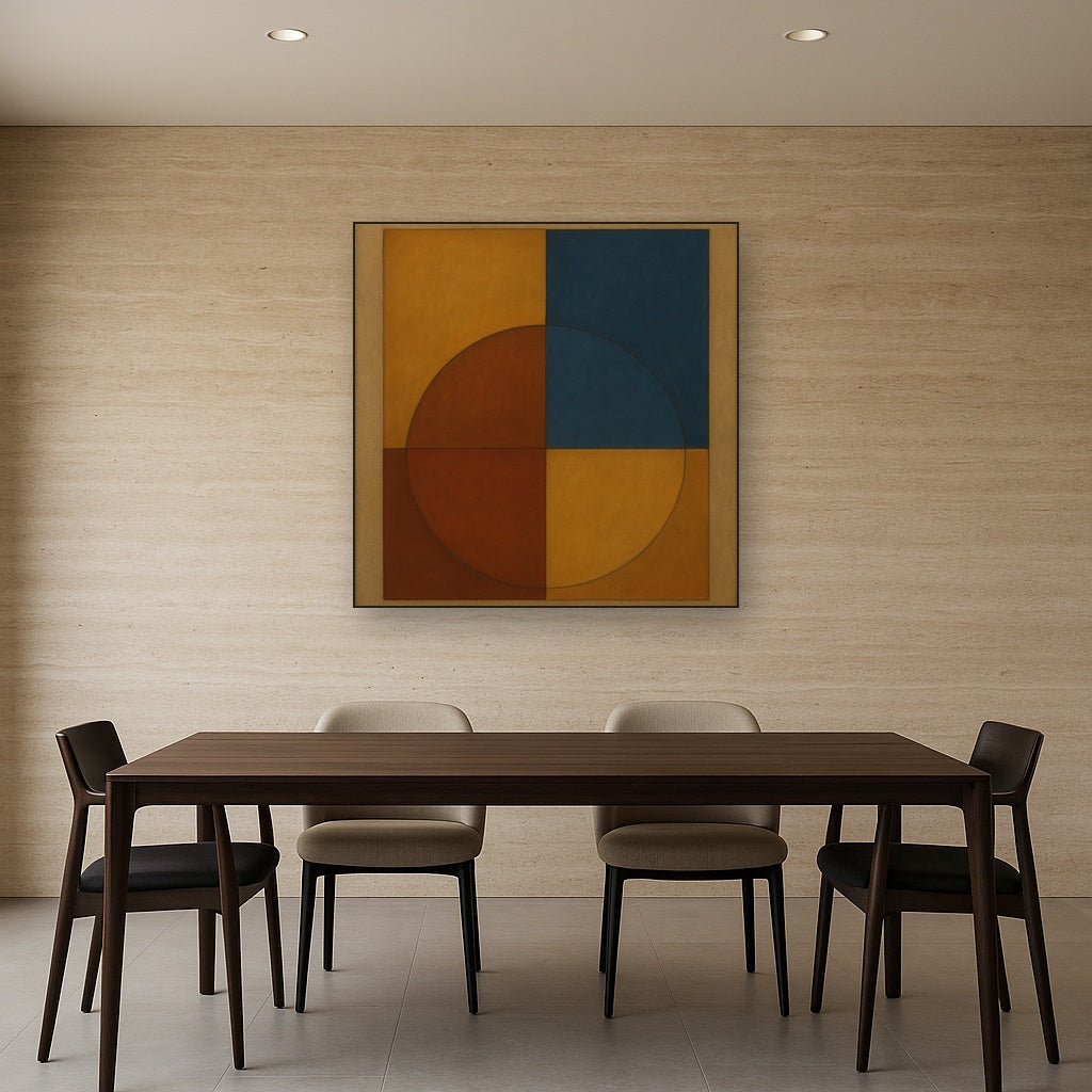 Bauhaus Quadrant Harmony in Primary Earth Tones No. 19 Oil Painting Staged Above Dining Room Credenza, Elegant Hand Painted Oil Art for Dining Room Walls