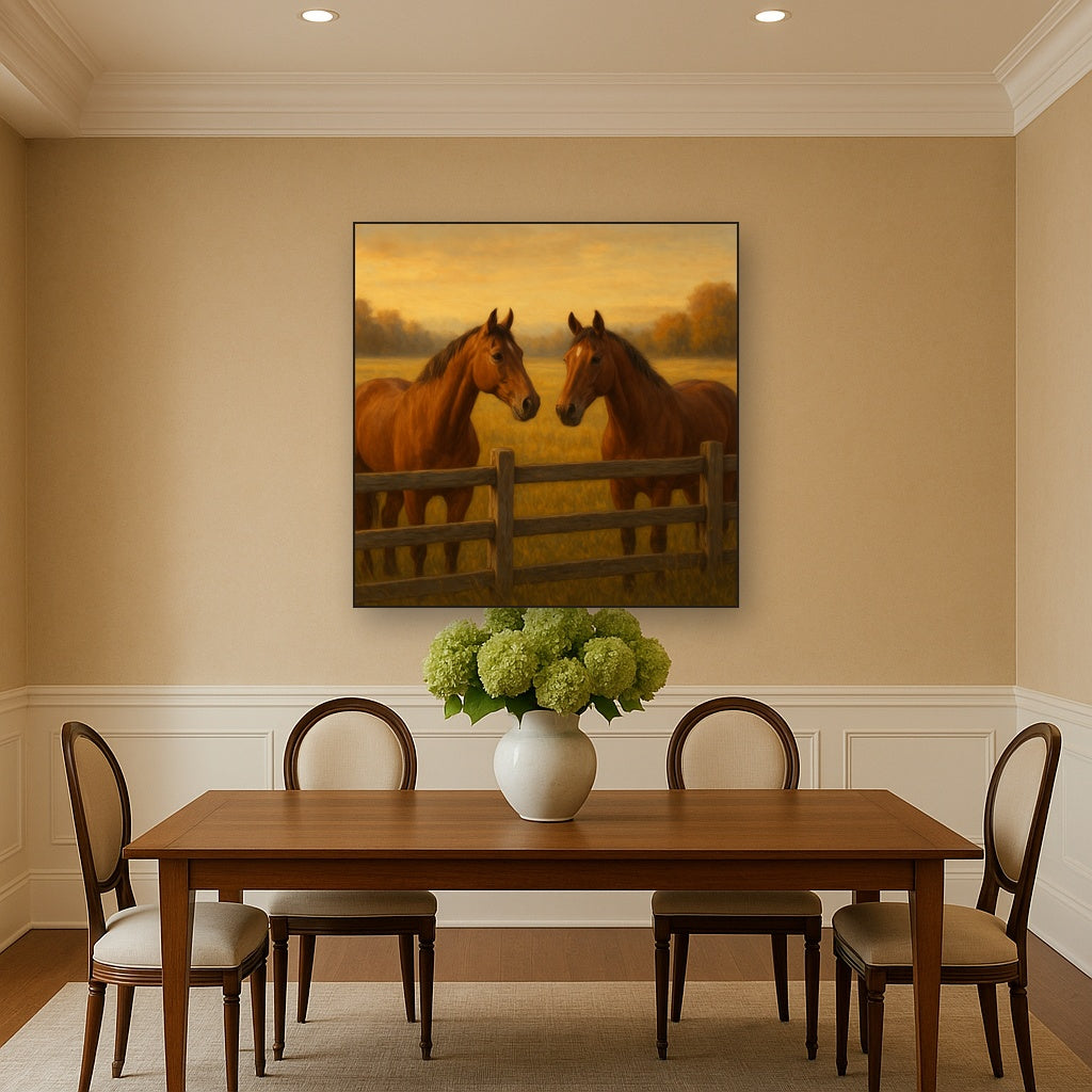 Two Horses at Rustic Post & Rail Fence No. 12 Oil Painting Staged Above Dining Room Credenza, Elegant Hand Painted Oil Art for Dining Room Walls