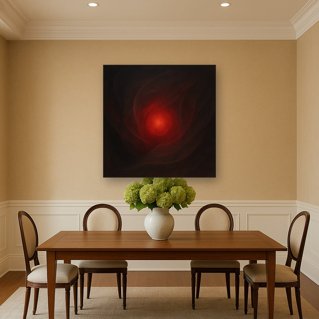 Smoky Ruby & Warm Obsidian Veils No. 11 Oil Painting Staged Above Dining Room Credenza, Elegant Hand Painted Oil Art for Dining Room Walls