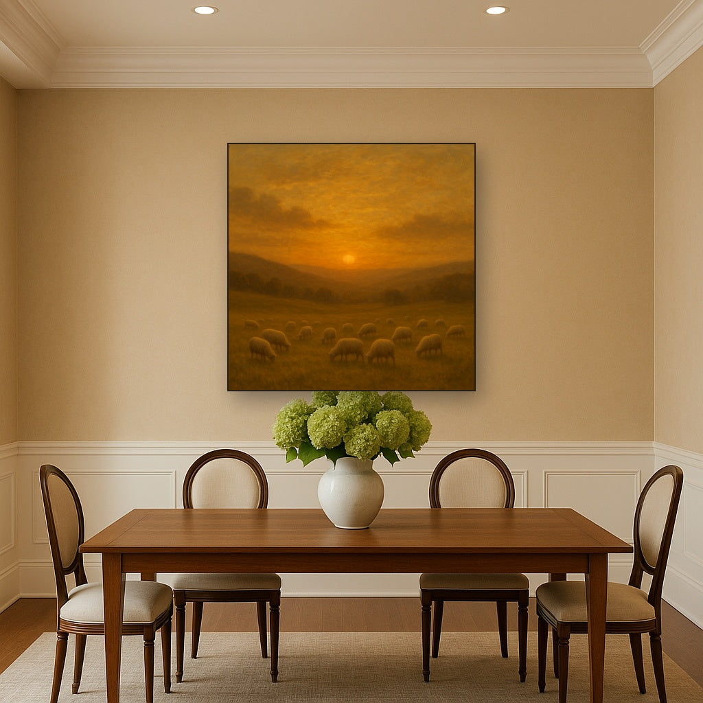 Sunset Grazing Flock in Golden Valley No. 2 Oil Painting - View 4