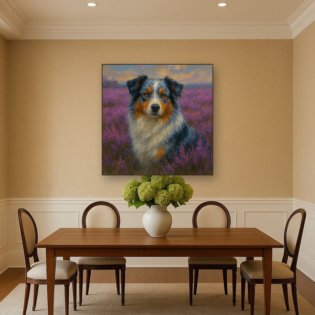 Australian Shepherd in Blooming Heather Field No. 16 Fine Art Oil Painting - View 4