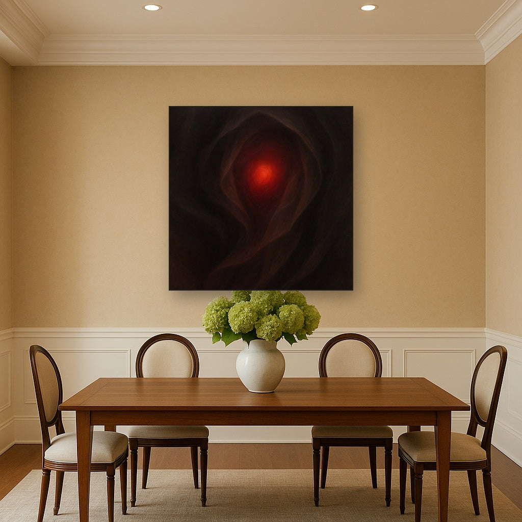 Smoky Ruby & Warm Obsidian Veils No. 4 Oil Painting Staged Above Dining Room Credenza, Elegant Hand Painted Oil Art for Dining Room Walls