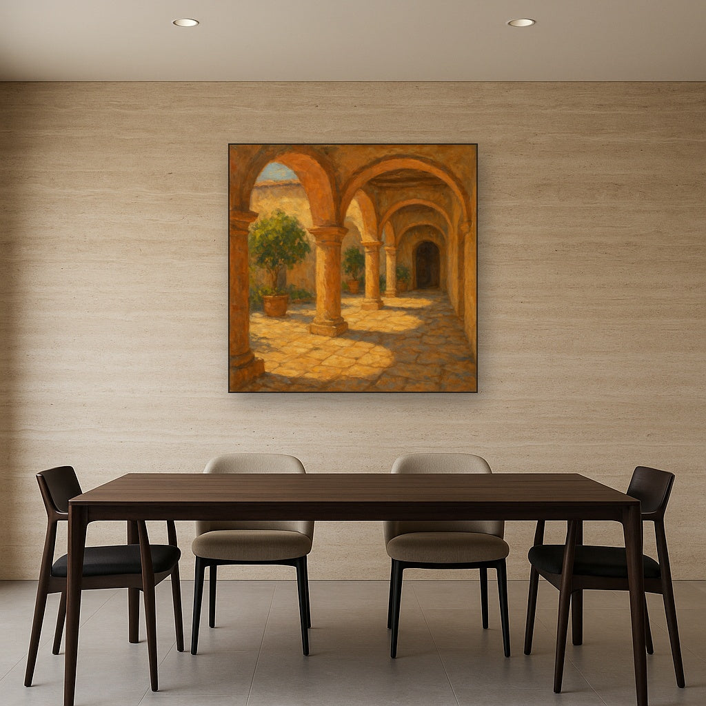 Mediterranean Courtyard Arcade Architectural Oil Painting - Styled in Elegant Dining Room