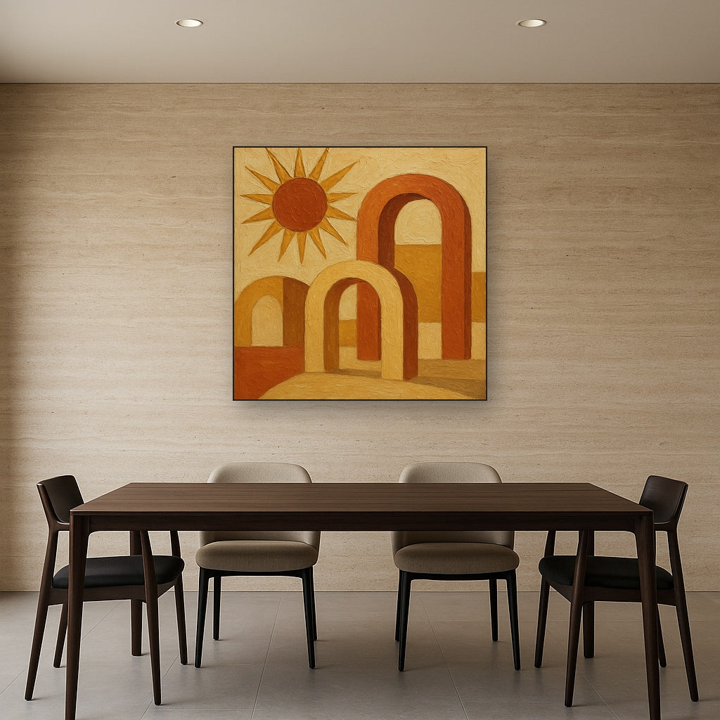 Mid-Century Terracotta Sun & Arches No. 5 Oil Painting - Styled in Elegant Dining Room