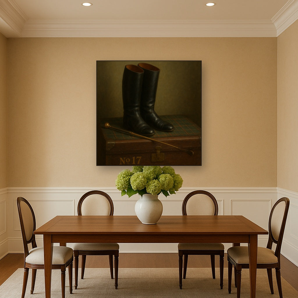 Vintage Riding Boots & Brass Crop on Trunk No. 17 Oil Painting Staged Above Dining Room Credenza, Elegant Hand Painted Oil Art for Dining Room Walls