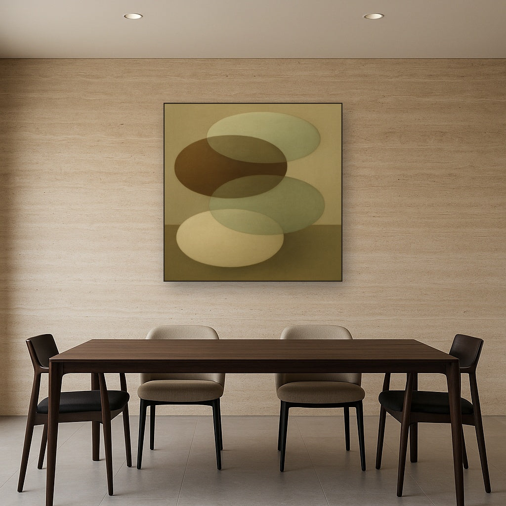 Floating Ellipse Harmony in Walnut & Pale Sage No. 16 Oil Painting Staged Above Dining Room Credenza, Elegant Hand Painted Oil Art for Dining Room Walls