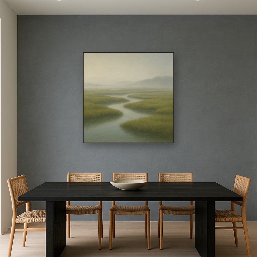 Morning Fog over Cape Cod Tidal Marsh No. 2 Oil Painting Staged Above Dining Room Credenza, Elegant Hand Painted Oil Art for Dining Room Walls