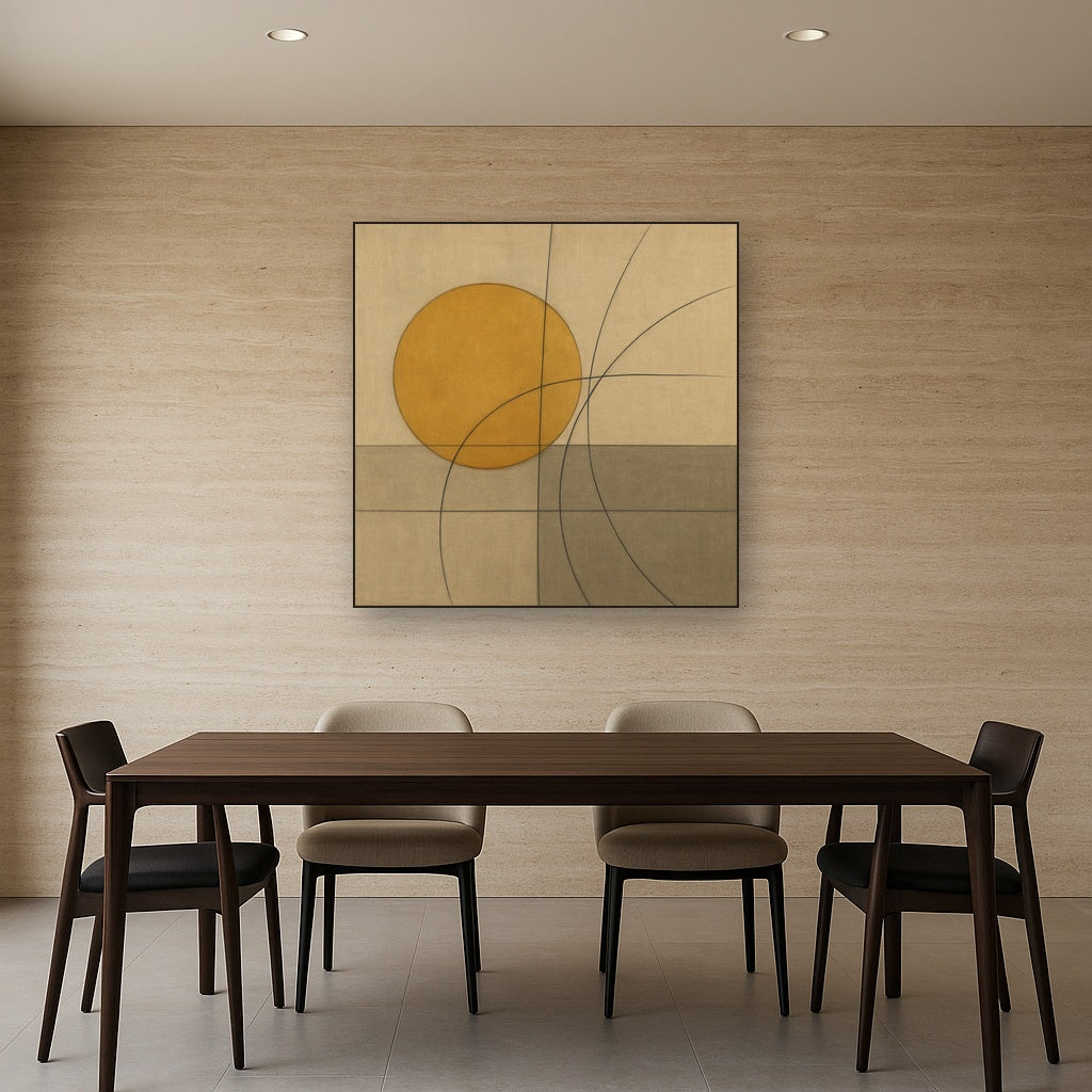 Abstract Tangent Lines & Earthy Ochre Disc No. 13 Oil Painting - View 4