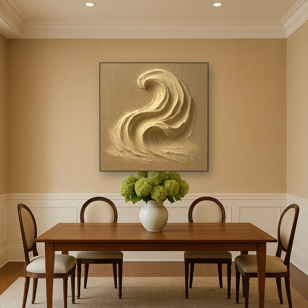 Champagne Plaster Wave Impasto Oil Painting - Styled in Elegant Dining Room