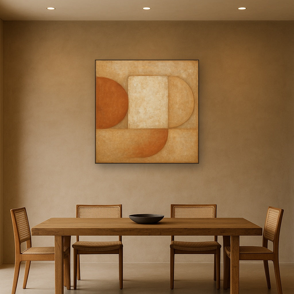 Earthy Terracotta & Weathered Plaster Wash No. 7 Oil Painting Staged Above Dining Room Credenza, Elegant Hand Painted Oil Art for Dining Room Walls