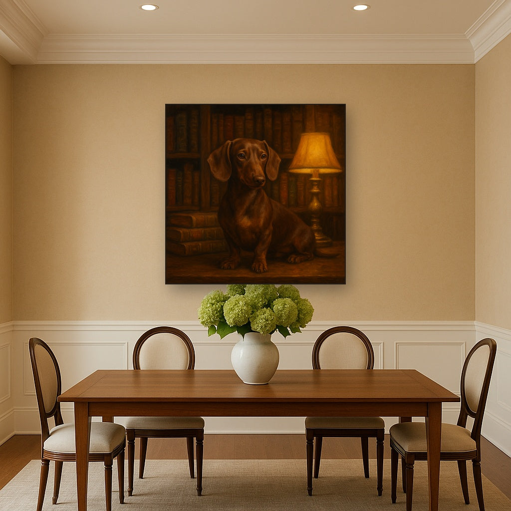 Smooth Dachshund in Moody Library Study No. 5 Fine Art Oil Painting - View 4