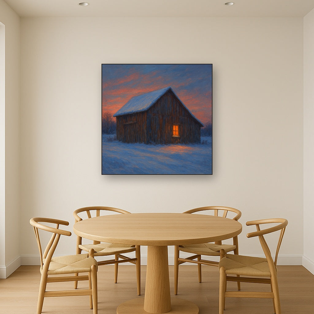 Rustic Wooden Barn in Quiet Winter Twilight No. 8 Fine Art Oil Painting - View 4