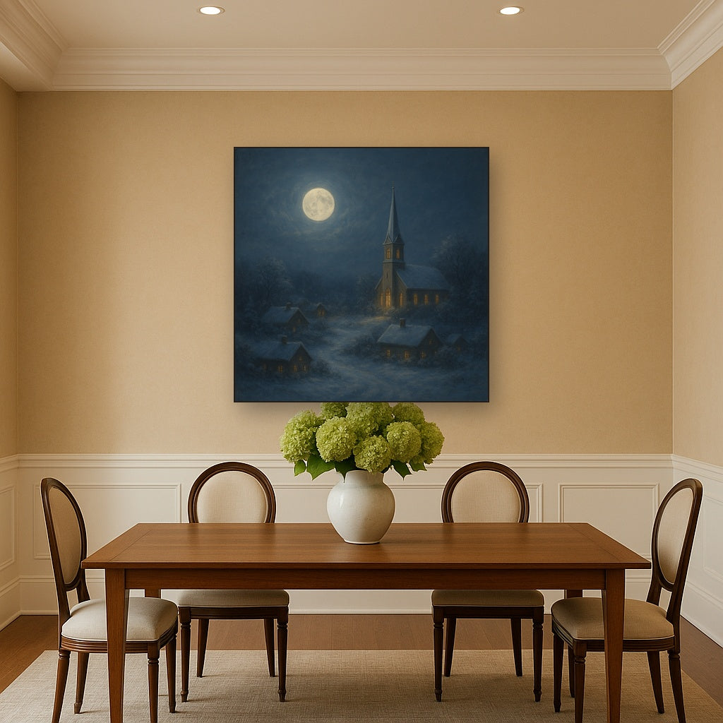 Moonlight Over Snowy Village Steeple No. 4 Oil Painting - View 4