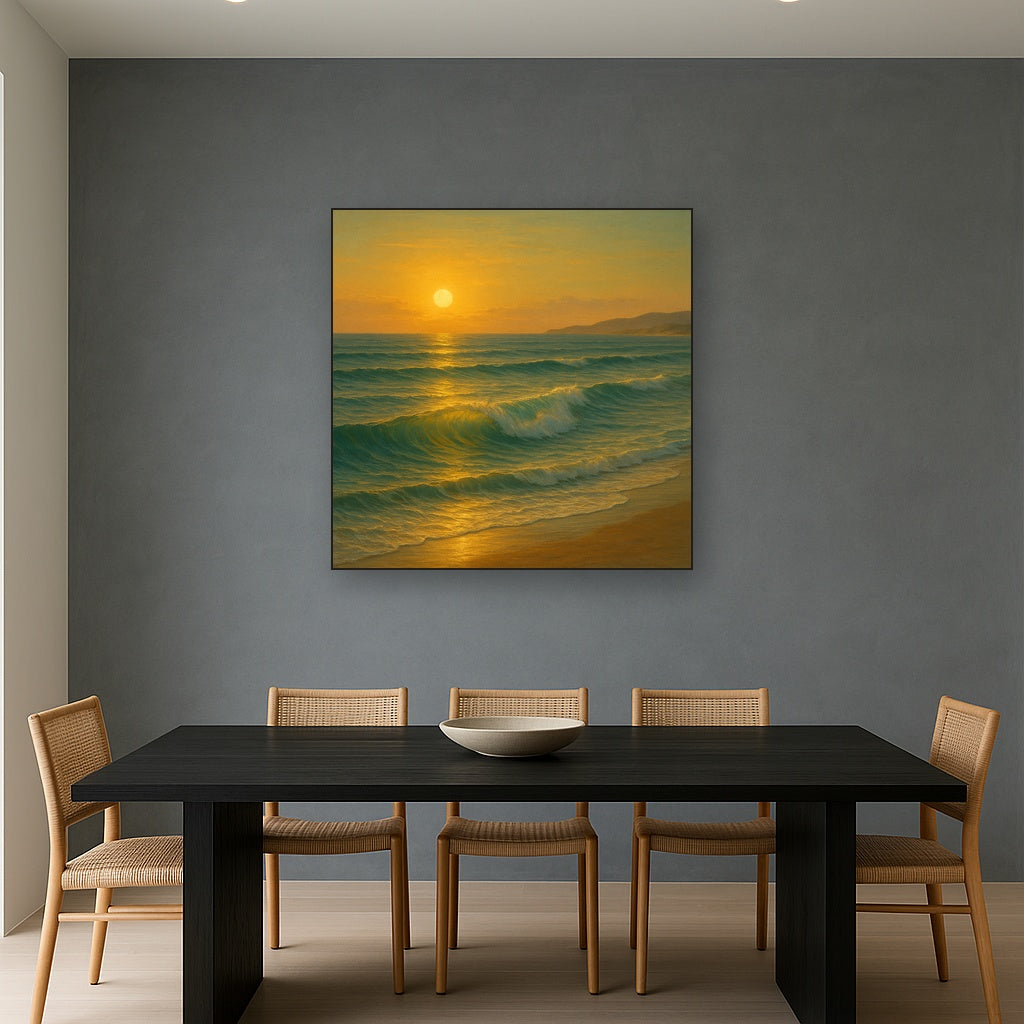 Golden Hour Sunlight on Ocean Swells No. 10 Oil Painting Staged Above Dining Room Credenza, Elegant Hand Painted Oil Art for Dining Room Walls