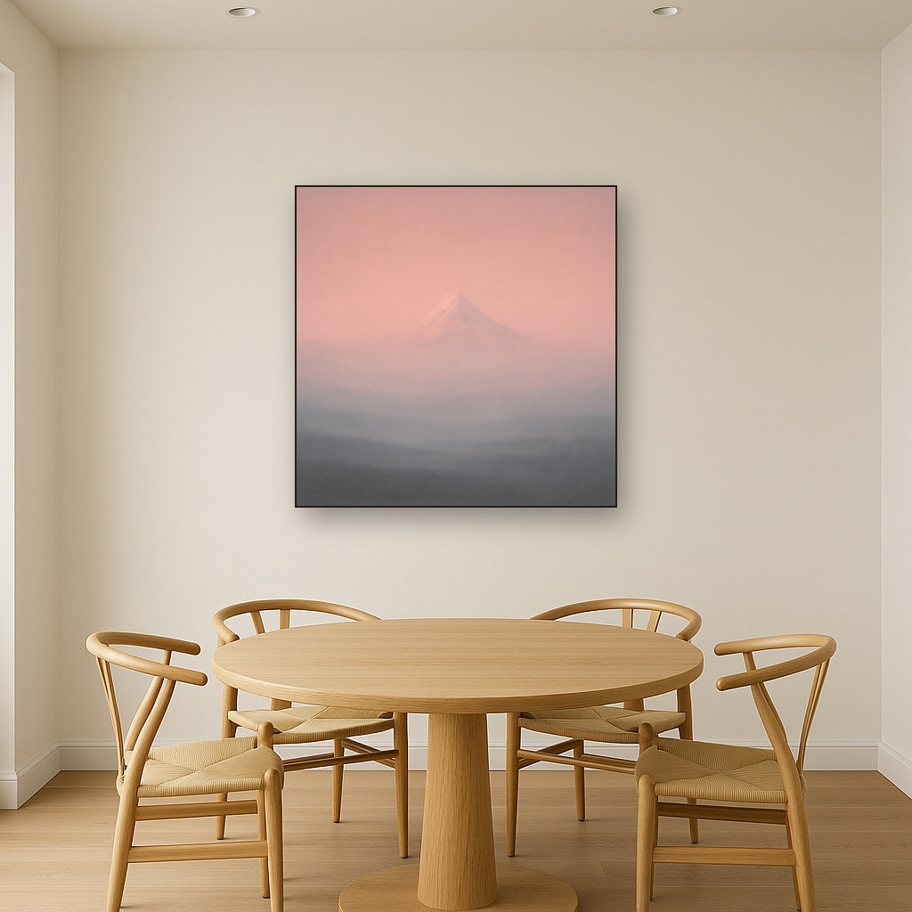 Pale Alpenglow over Distant Glacial Peak No. 12 Oil Painting Staged Above Dining Room Credenza, Elegant Hand Painted Oil Art for Dining Room Walls
