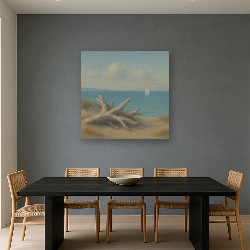 Sun-Bleached Driftwood & Distant Sailboat No. 5 Oil Painting - View 4