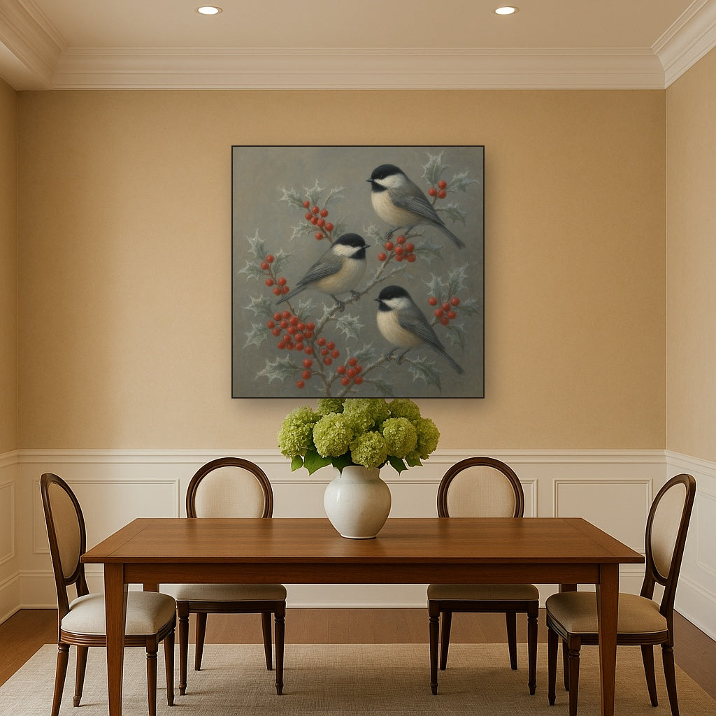 Winter Birds on Frosty Red Berry Branch No. 2 Oil Painting - View 4