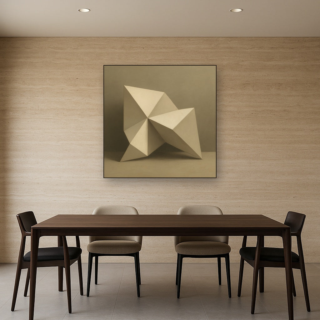 Folded Paper Geometry in Neutral Gradient Shadows No. 9 Oil Painting Staged Above Dining Room Credenza, Elegant Hand Painted Oil Art for Dining Room Walls