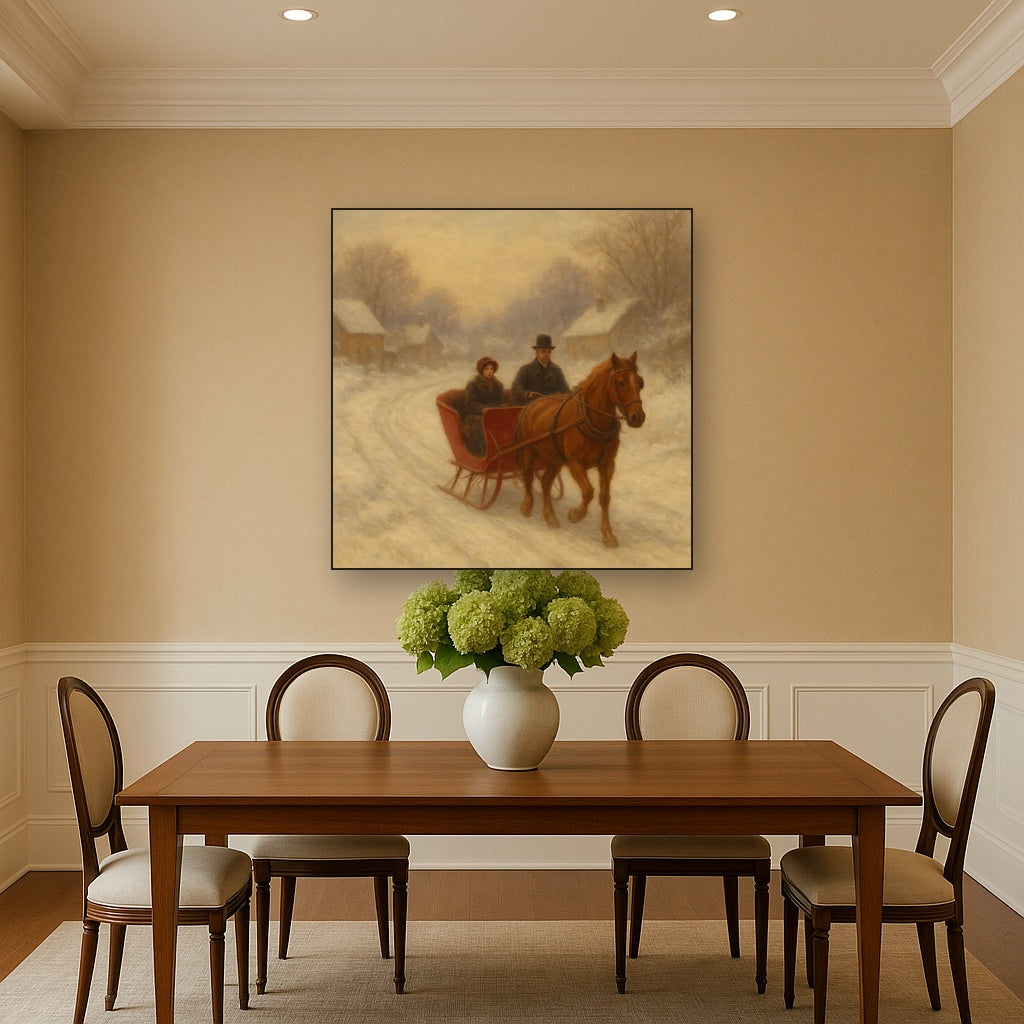 Horse-Drawn Sleigh on Village Snow Road No. 10 Oil Painting - View 4