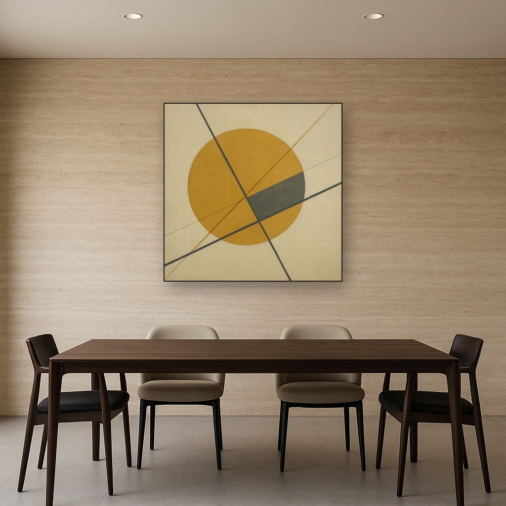 Abstract Tangent Lines & Earthy Ochre Disc No. 6 Oil Painting - View 4