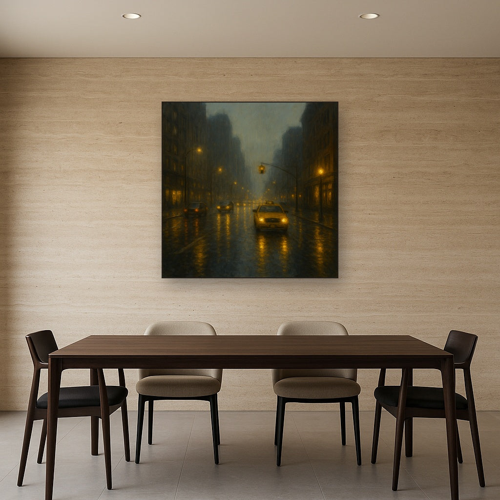 Rain-Drenched Manhattan Avenue Lights No. 4 Oil Painting Staged Above Dining Room Credenza, Elegant Hand Painted Oil Art for Dining Room Walls
