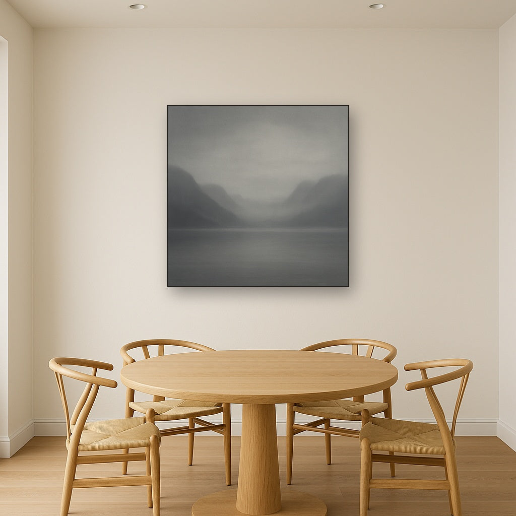 Misty Fjord Horizon in Monochromatic Slate No. 12 Oil Painting Staged Above Dining Room Credenza, Elegant Hand Painted Oil Art for Dining Room Walls