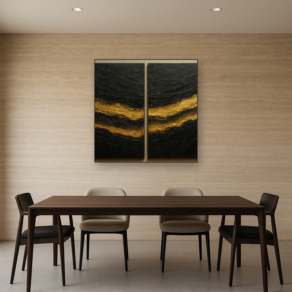 Basalt & Gold Mineral Diptych No. 3 Oil Painting - Styled in Elegant Dining Room