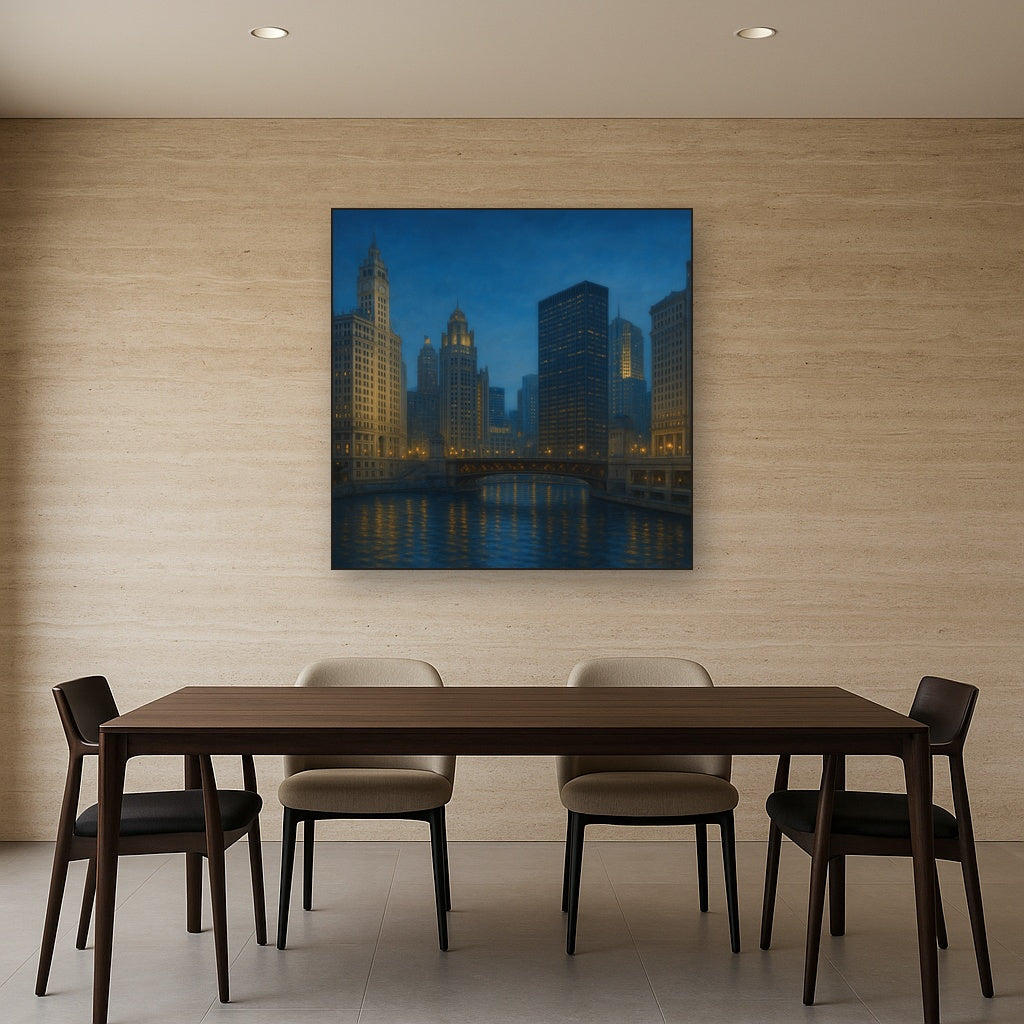Chicago Riverfront Architecture at Blue Hour No. 2 Oil Painting - View 4