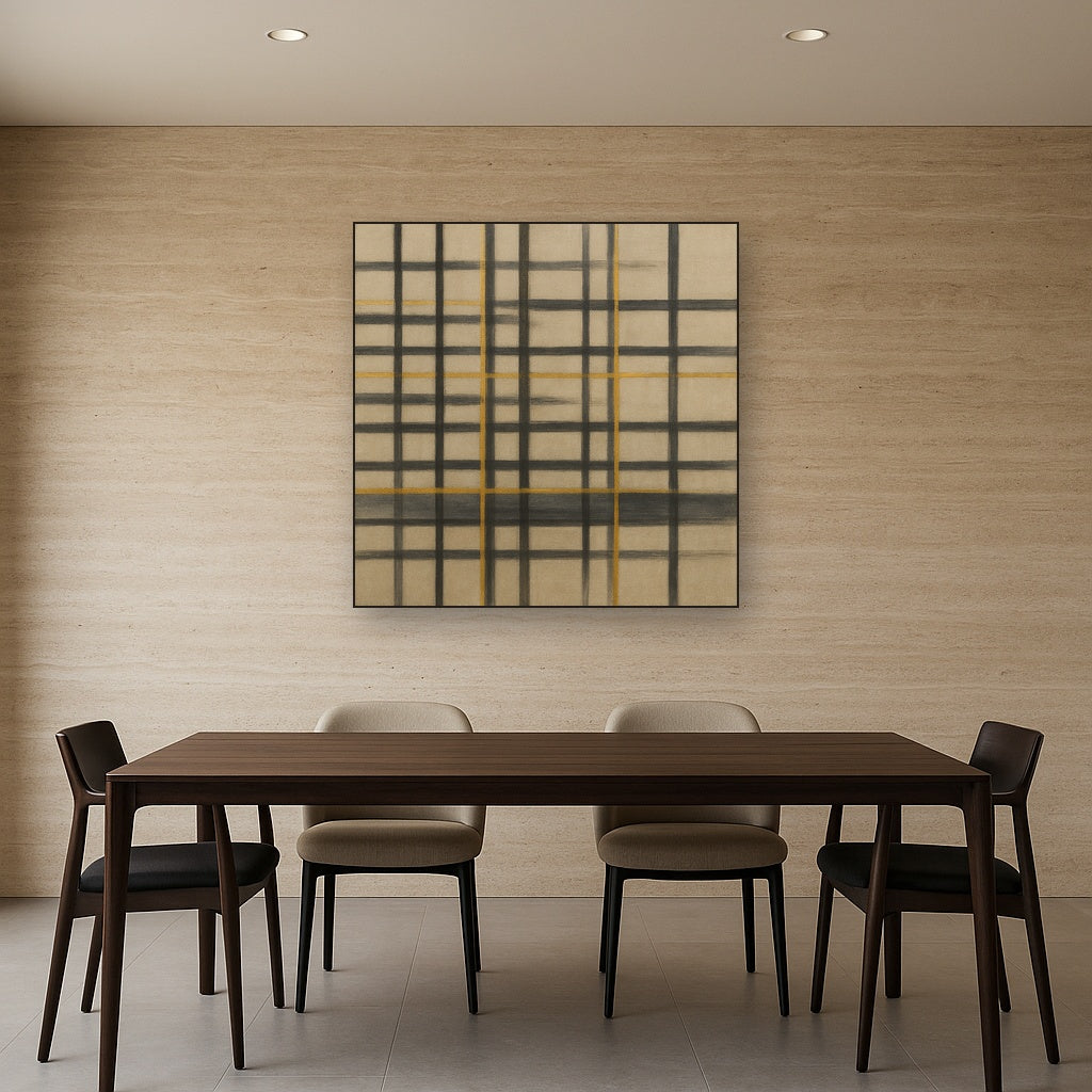 Abstract Woven Line Matrix in Charcoal & Gold No. 3 Fine Art Oil Painting - View 4