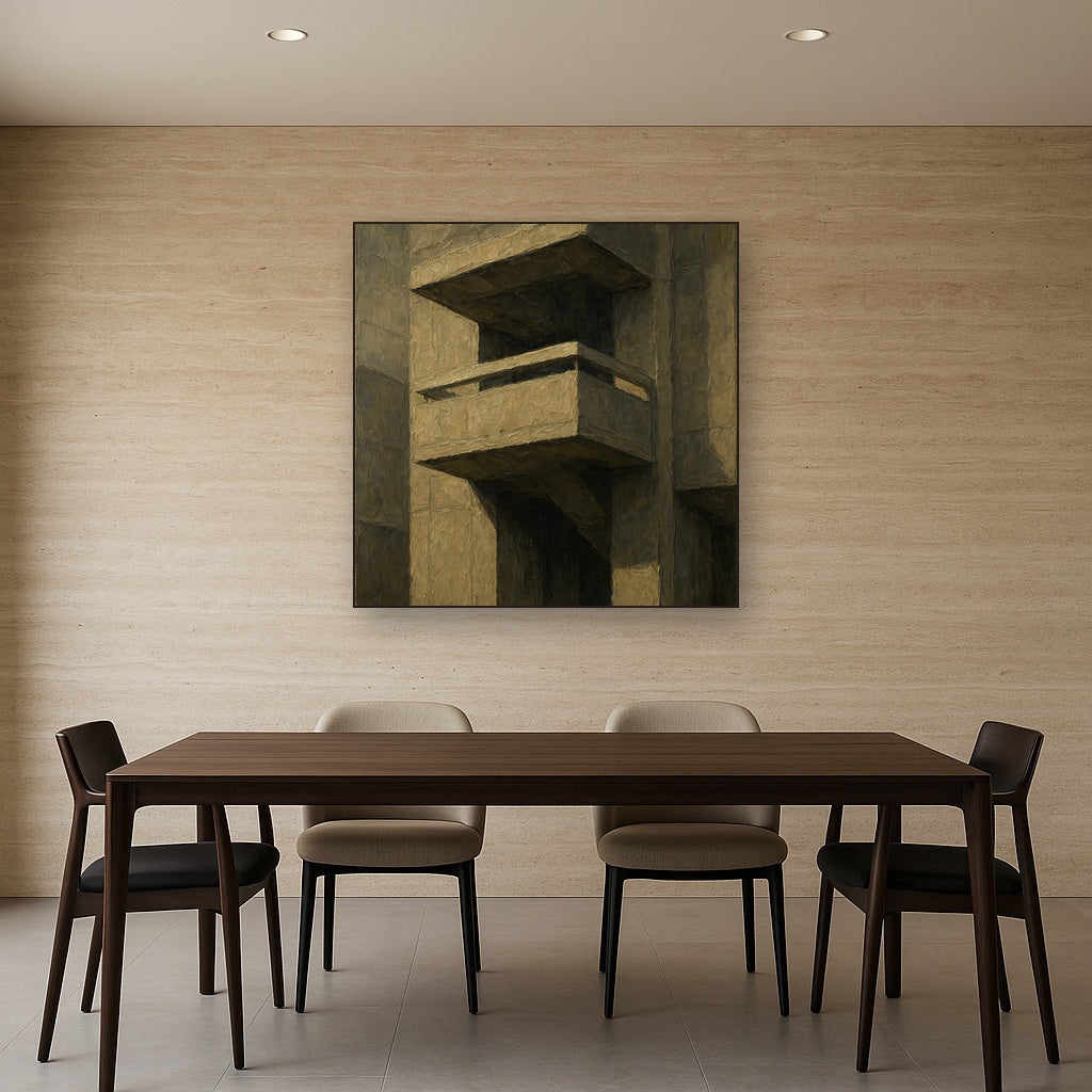 Brutalist Cantilevered Balcony Study No. 4 Oil Painting - Styled in Elegant Dining Room