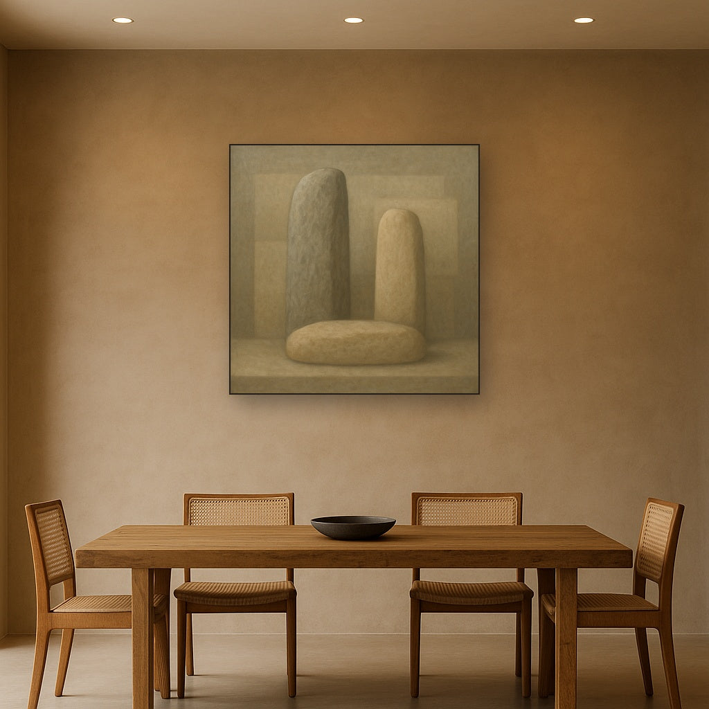 Driftwood Grey & Weathered Stone Monolith No. 22 Oil Painting Staged Above Dining Room Credenza, Elegant Hand Painted Oil Art for Dining Room Walls