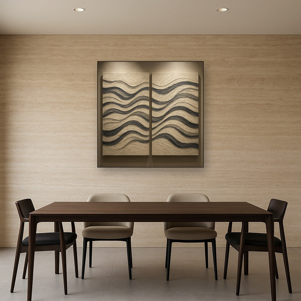 Monochrome Linear Rhythm Diptych Oil Painting - Styled in Elegant Dining Room