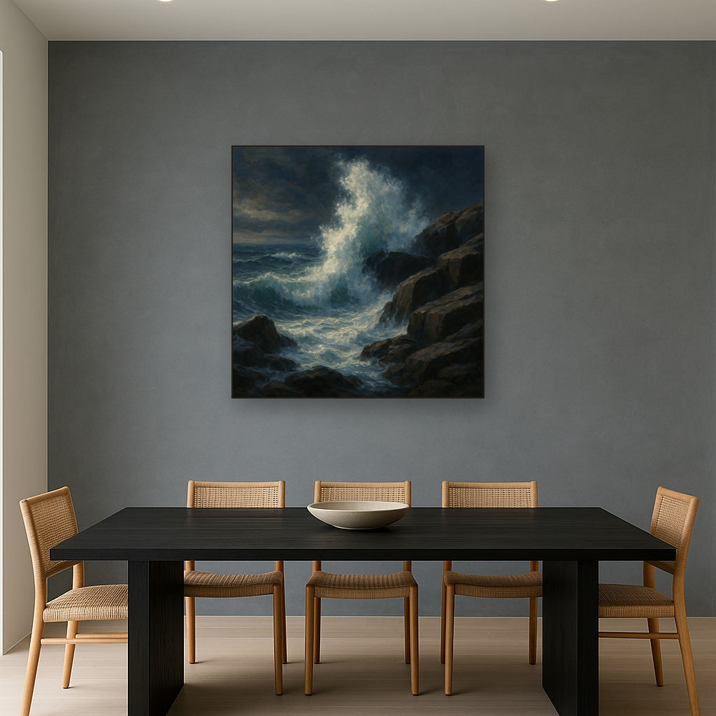 Dramatic Storm Waves on Crashing Granite Rocks Fine Art Oil Painting - View 4