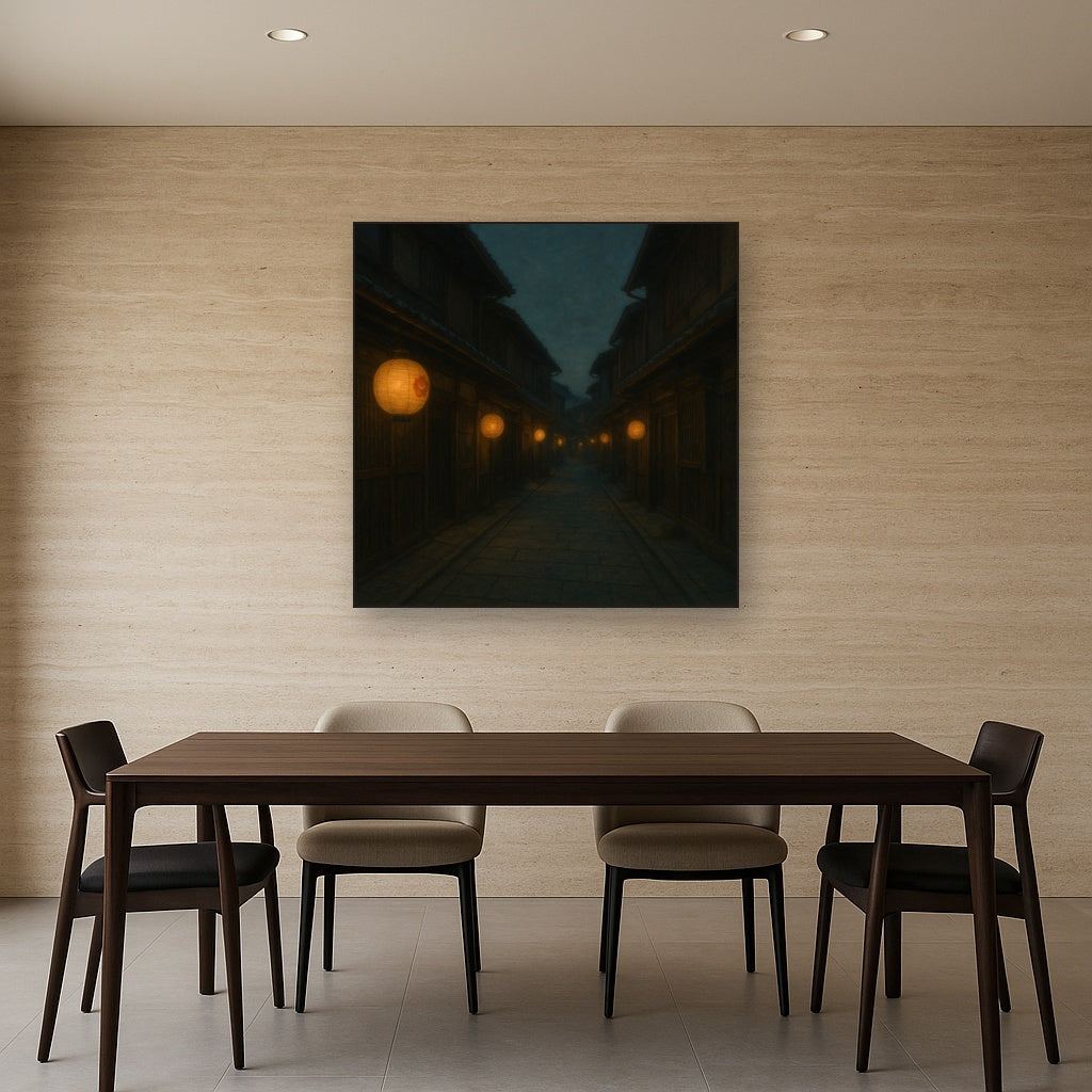 Old Kyoto Gion Alley in Soft Lantern Light No. 28 Oil Painting Staged Above Dining Room Credenza, Elegant Hand Painted Oil Art for Dining Room Walls