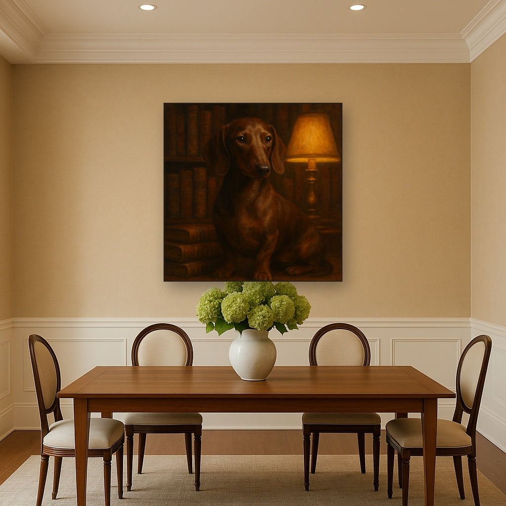 Smooth Dachshund in Moody Library Study No. 3 Fine Art Oil Painting - View 4