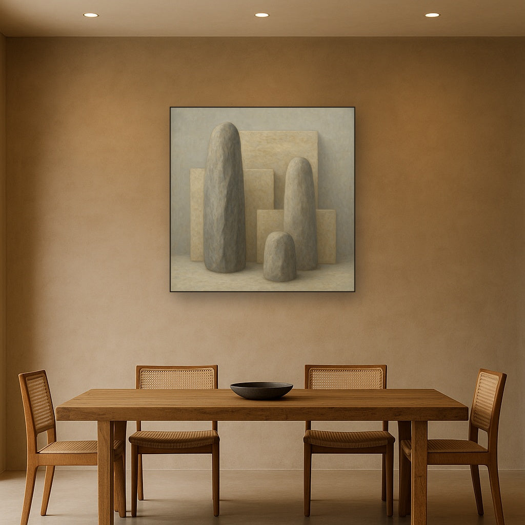 Driftwood Grey & Weathered Stone Monolith No. 19 Oil Painting Staged Above Dining Room Credenza, Elegant Hand Painted Oil Art for Dining Room Walls