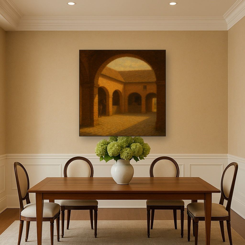 Equestrian Stable Courtyard in Late Afternoon No. 13 Oil Painting Staged Above Dining Room Credenza, Elegant Hand Painted Oil Art for Dining Room Walls