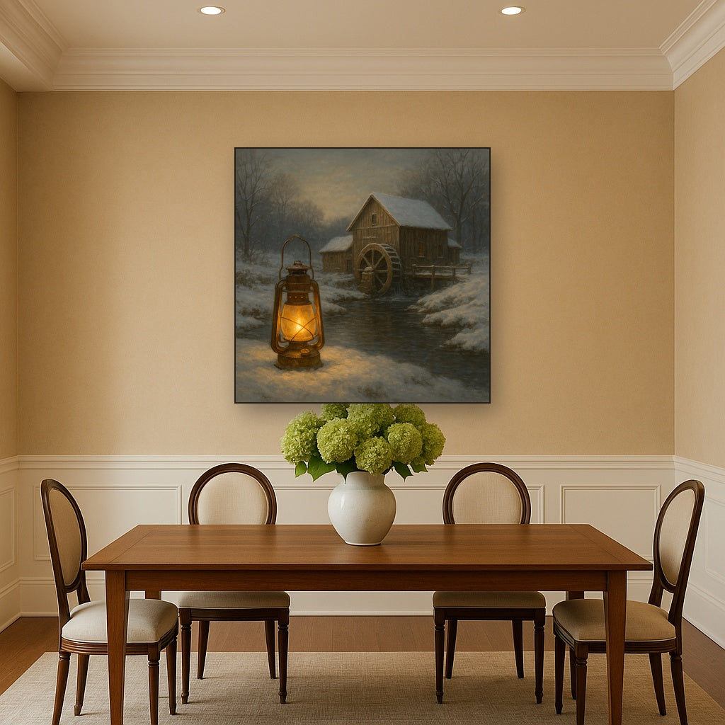 Snowy Mill Stream & Glowing Lantern No. 10 Oil Painting - View 4