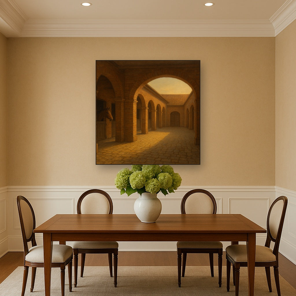 Equestrian Stable Courtyard in Late Afternoon No. 6 Oil Painting Staged Above Dining Room Credenza, Elegant Hand Painted Oil Art for Dining Room Walls