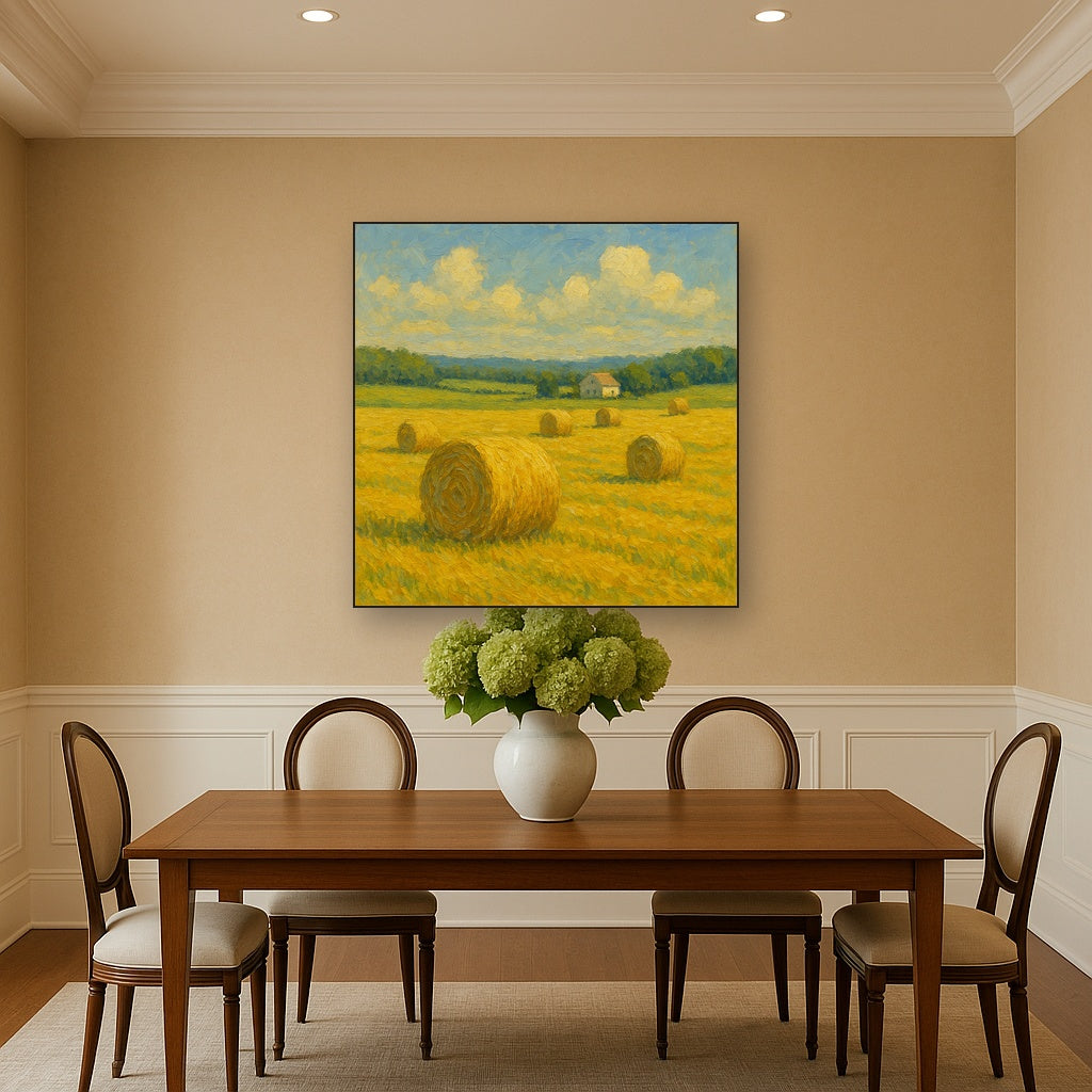 Rolling Meadow Hay Bales Horizon No. 3 Oil Painting - Styled in Elegant Dining Room