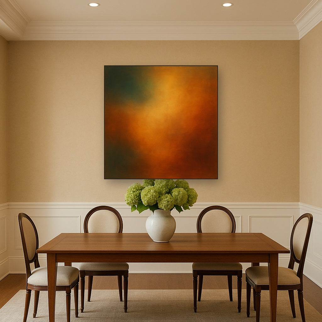 Deep Topaz & Spiced Terracotta Glow No. 13 Oil Painting Staged Above Dining Room Credenza, Elegant Hand Painted Oil Art for Dining Room Walls