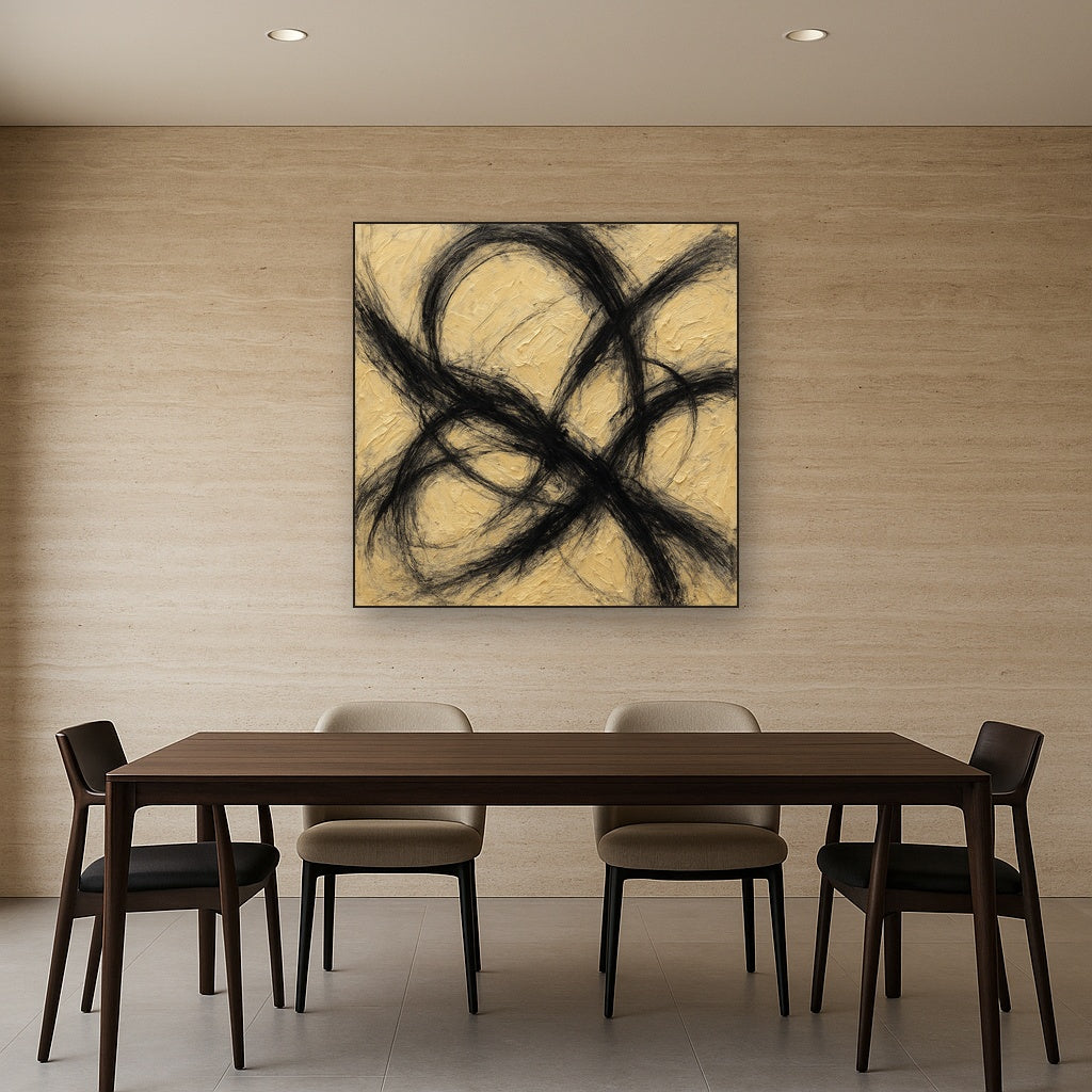 Kinetic Charcoal Surge Modern Abstract Oil Painting - Styled in Elegant Dining Room