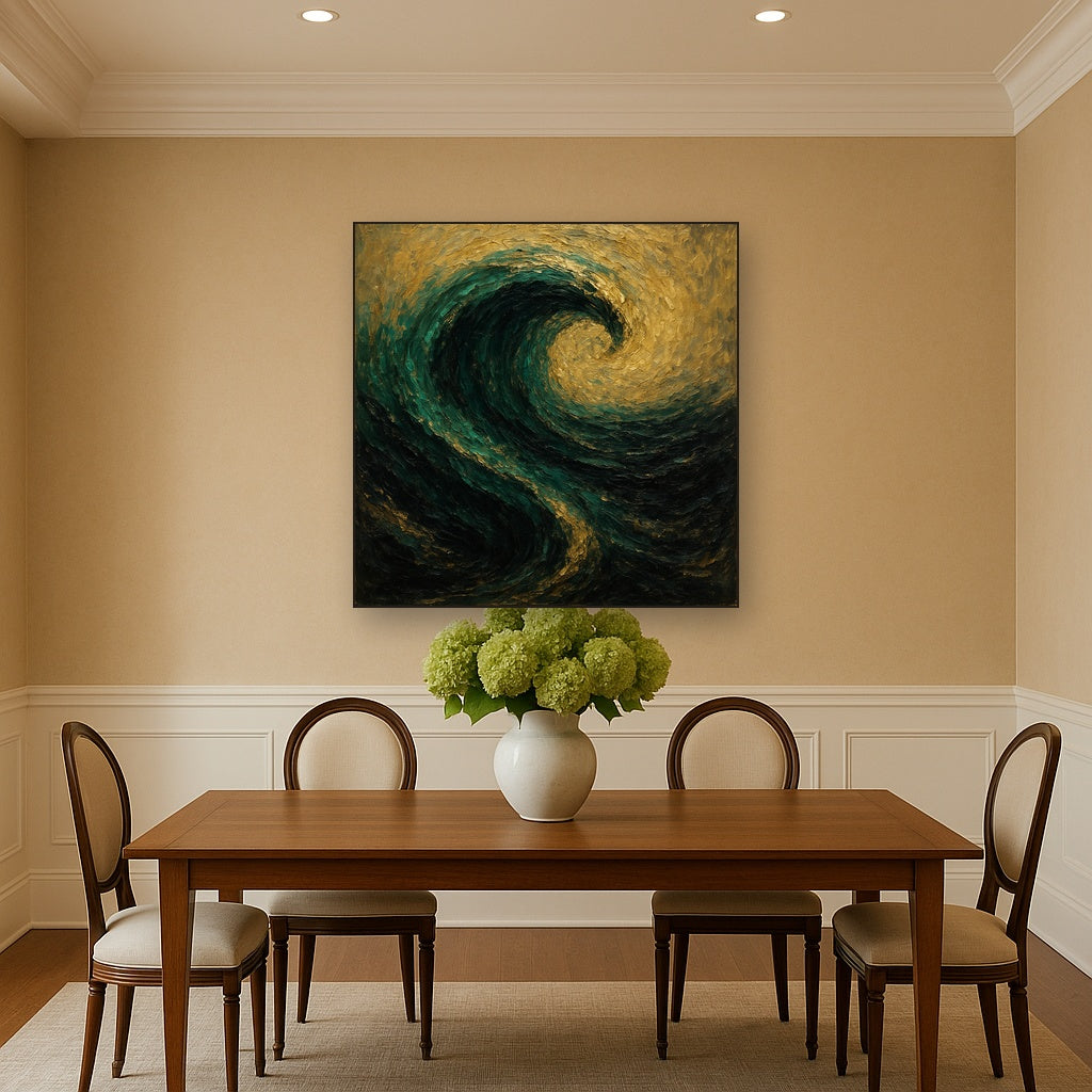 Deep Emerald & Obsidian Swell No. 3 Oil Painting - Styled in Elegant Dining Room