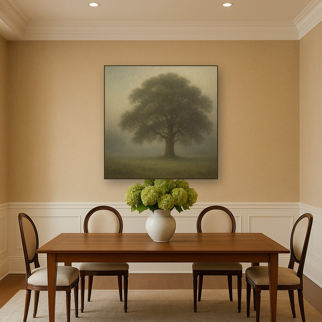 Ancient Solitary Oak in Morning Fog No. 10 Oil Painting - View 4
