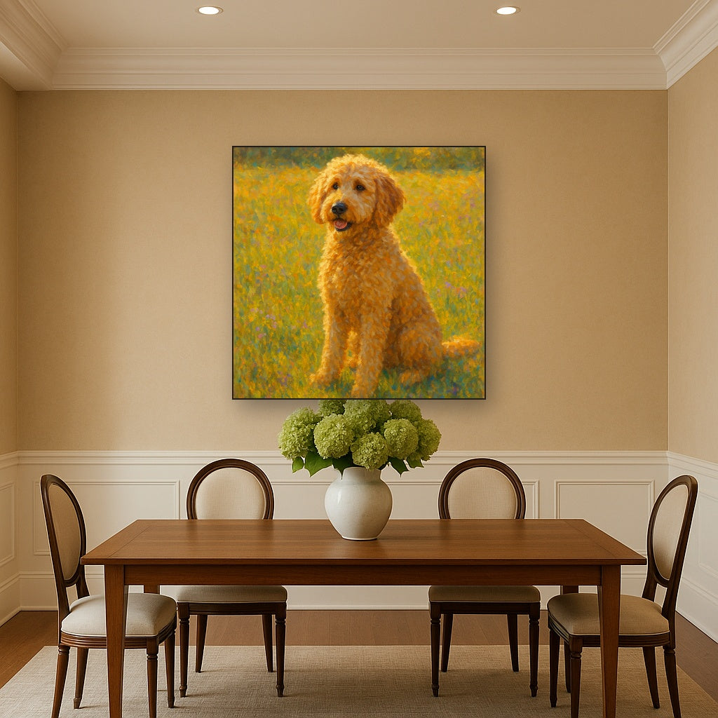 Fluffy Goldendoodle in Sun-Drenched Meadow No. 11 Fine Art Oil Painting - View 4