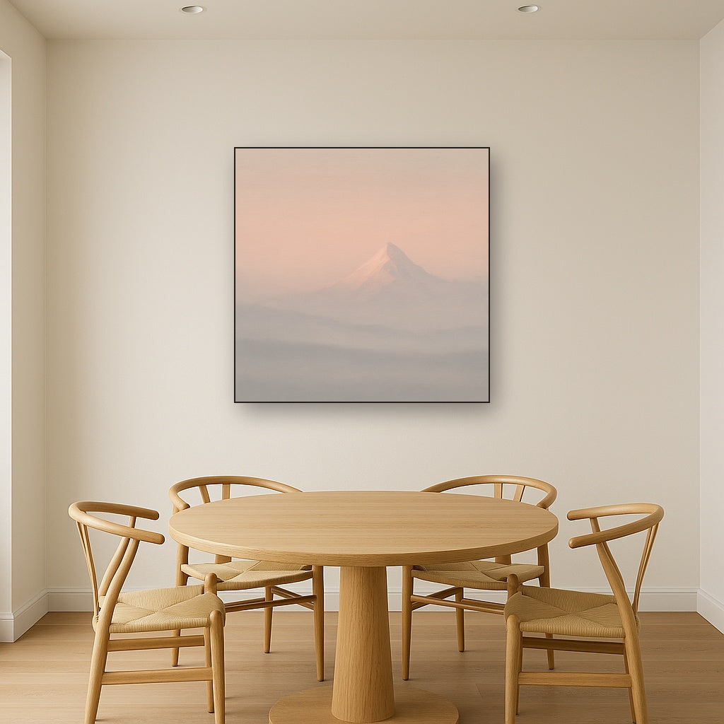 Pale Alpenglow over Distant Glacial Peak No. 20 Oil Painting Staged Above Dining Room Credenza, Elegant Hand Painted Oil Art for Dining Room Walls