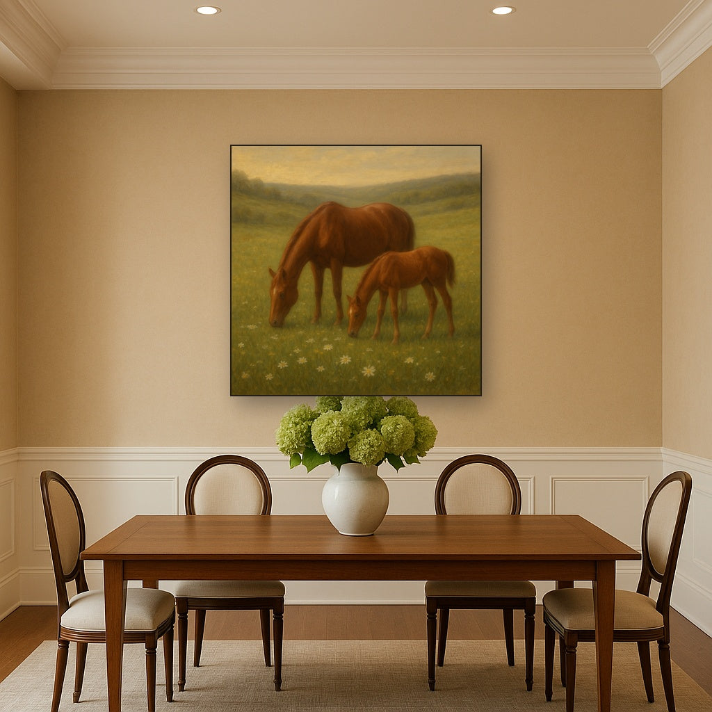 Mares & Foals Grazing in Rolling Meadow No. 17 Oil Painting Staged Above Dining Room Credenza, Elegant Hand Painted Oil Art for Dining Room Walls